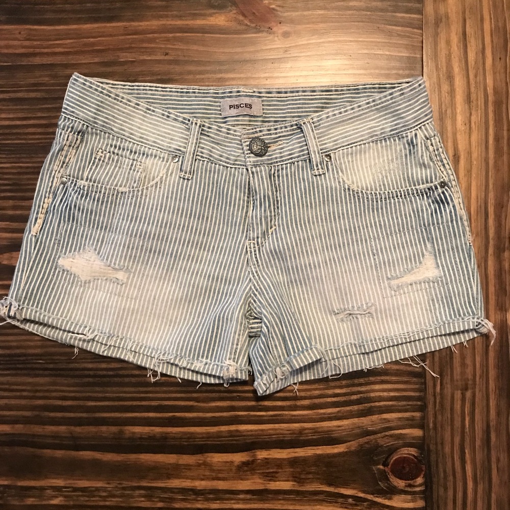 Pinstriped Distressed Jean Shorts